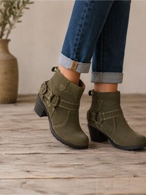 Josef Seibel Skyla Olive Green Suede Ankle Boots Buckle Heeled Booties Comfort